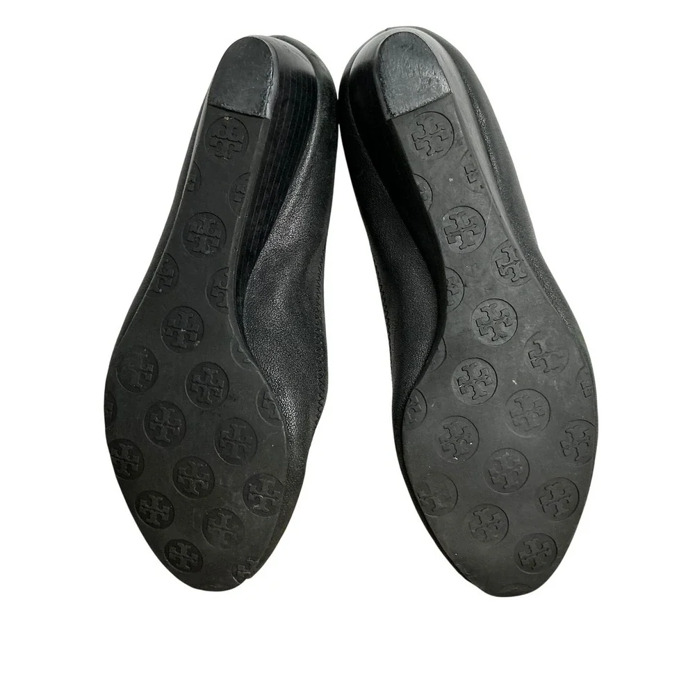 Tory Burch Reva Black Leather Peep Toe‎ Wedge Heels Silver Logo Medallion Pumps